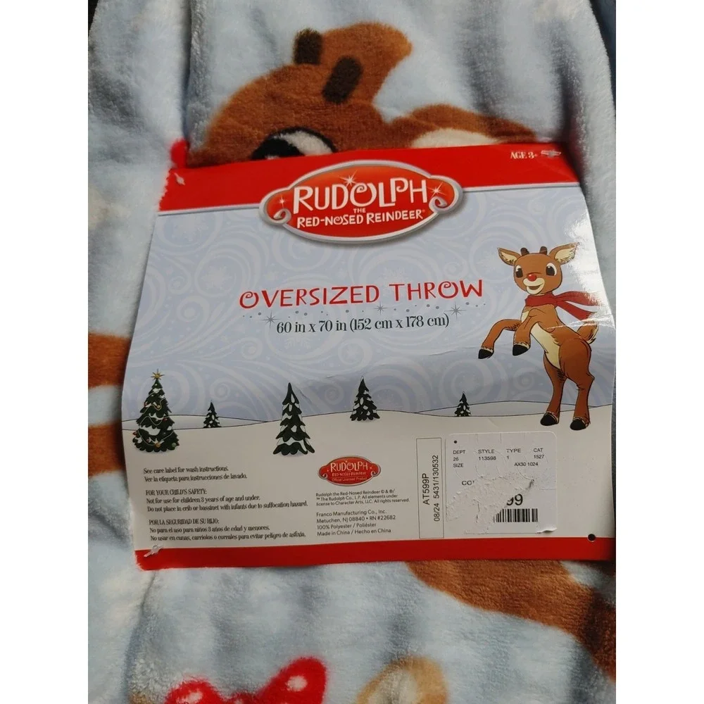 Rudolph Red Nosed Reindeer Christmas Plush Throw Blanket Fleese Soft Cozy 60x70